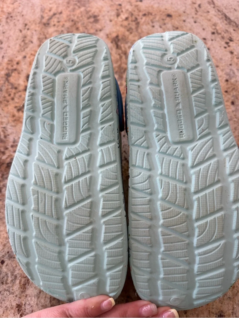 Kids Shark-Print Slip-On Clogs in Mint Green with Navy Strap